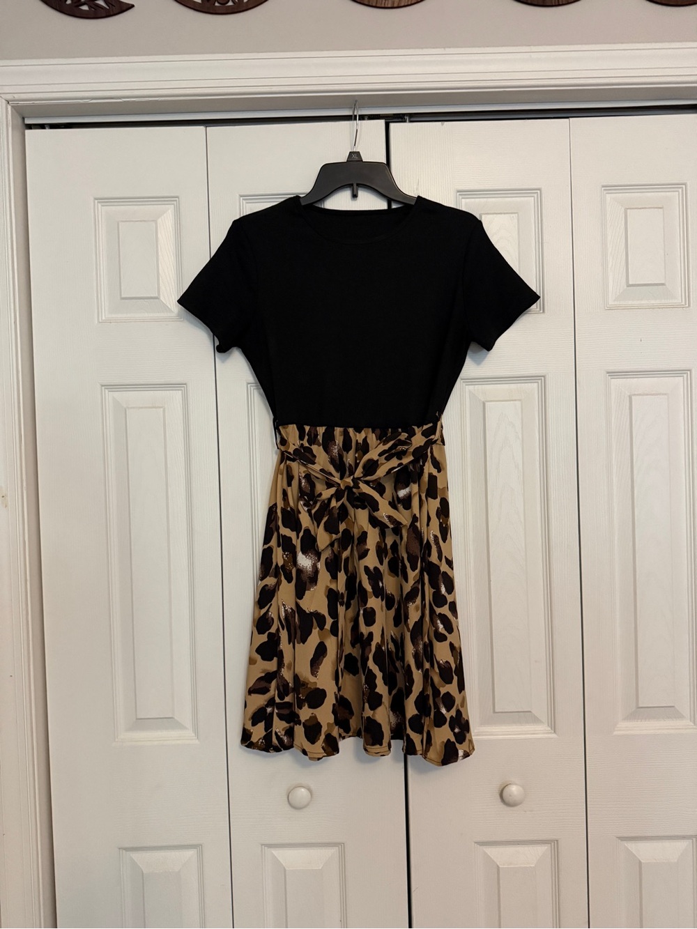 SHEIN Black Top with Tan Leopard-Print Skirt Mini Dress